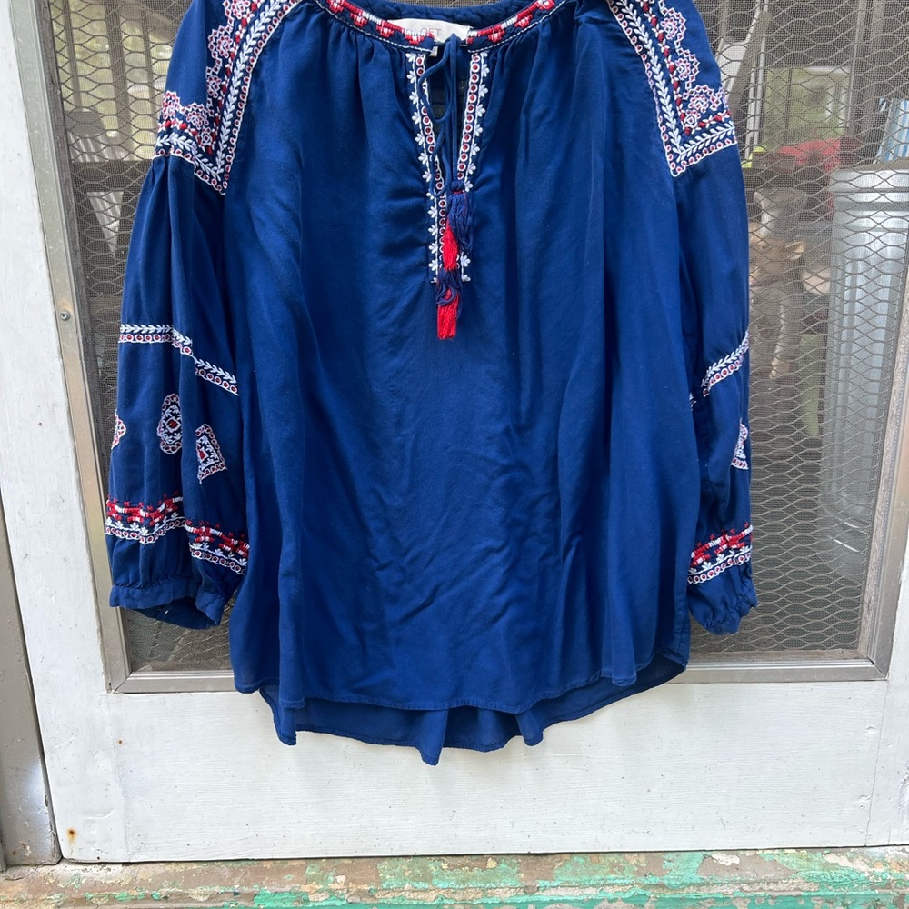 LOFT Navy Blouse with Red and White Embroidery